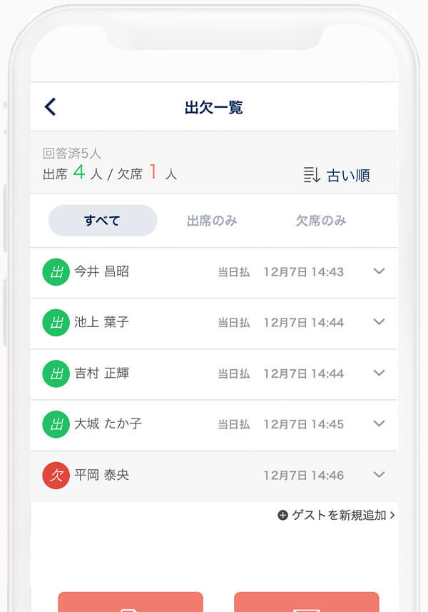 ゲストの出欠一覧画面